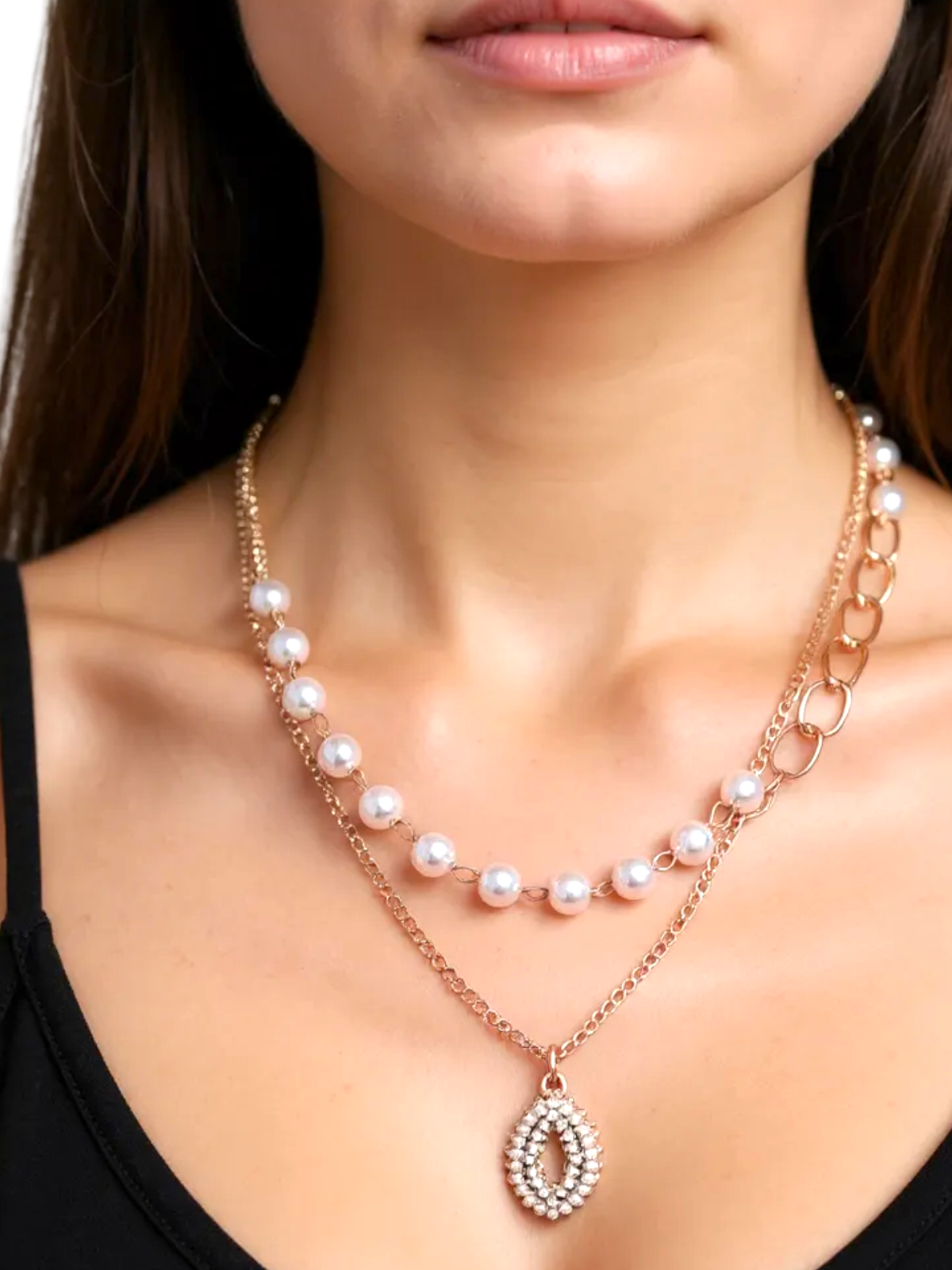 Pearl AD Gold Double Chain Necklace