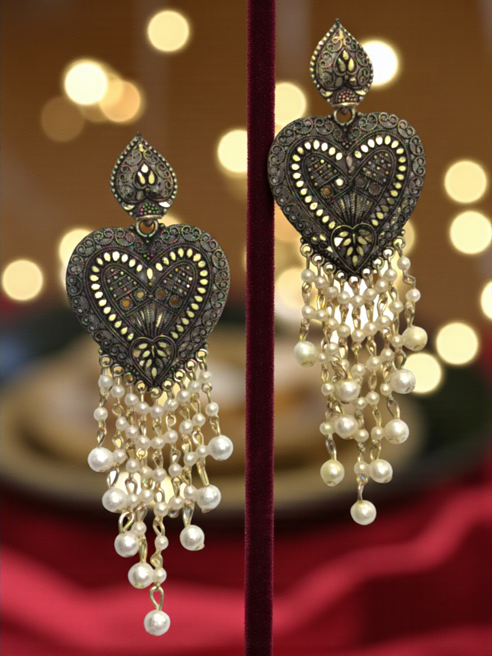 Golden Heart with Pearl Oxidized Jhumka