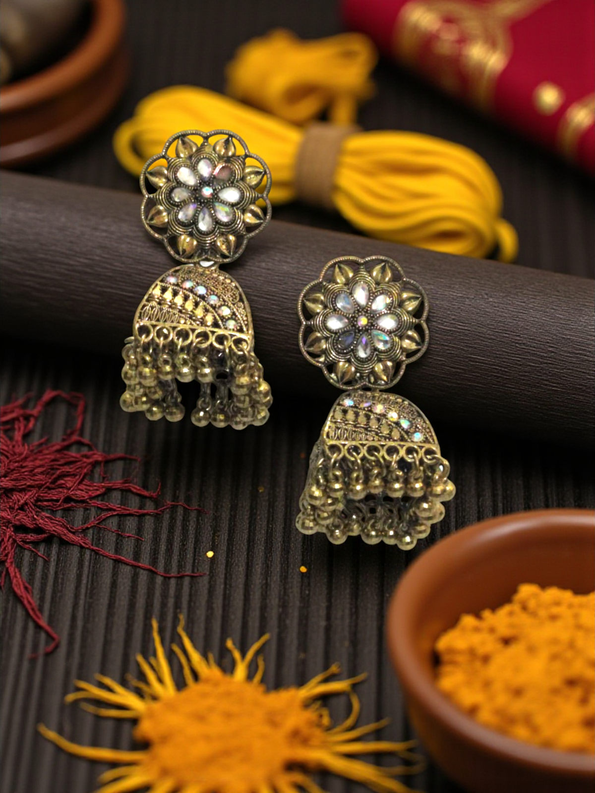 AD Golden Flower Oxidized Jhumka