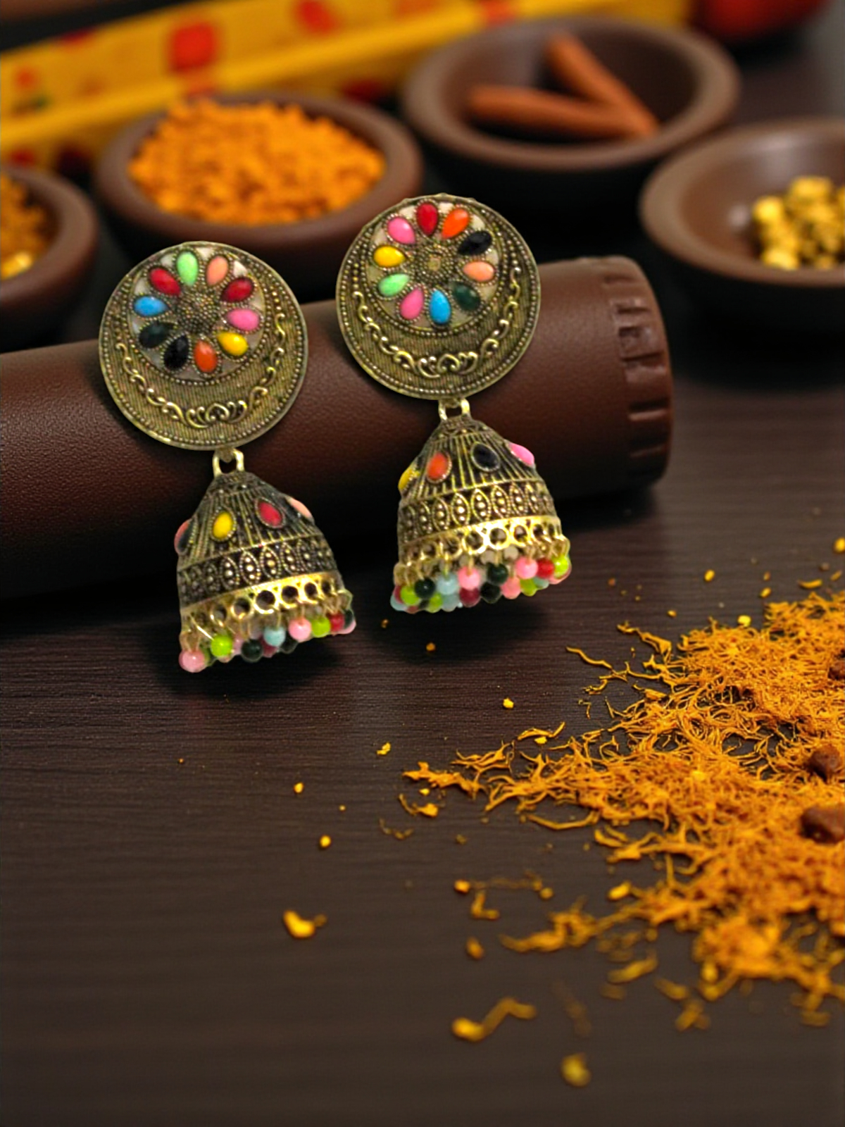 Multicolor Round Golden Oxidized Jhumka