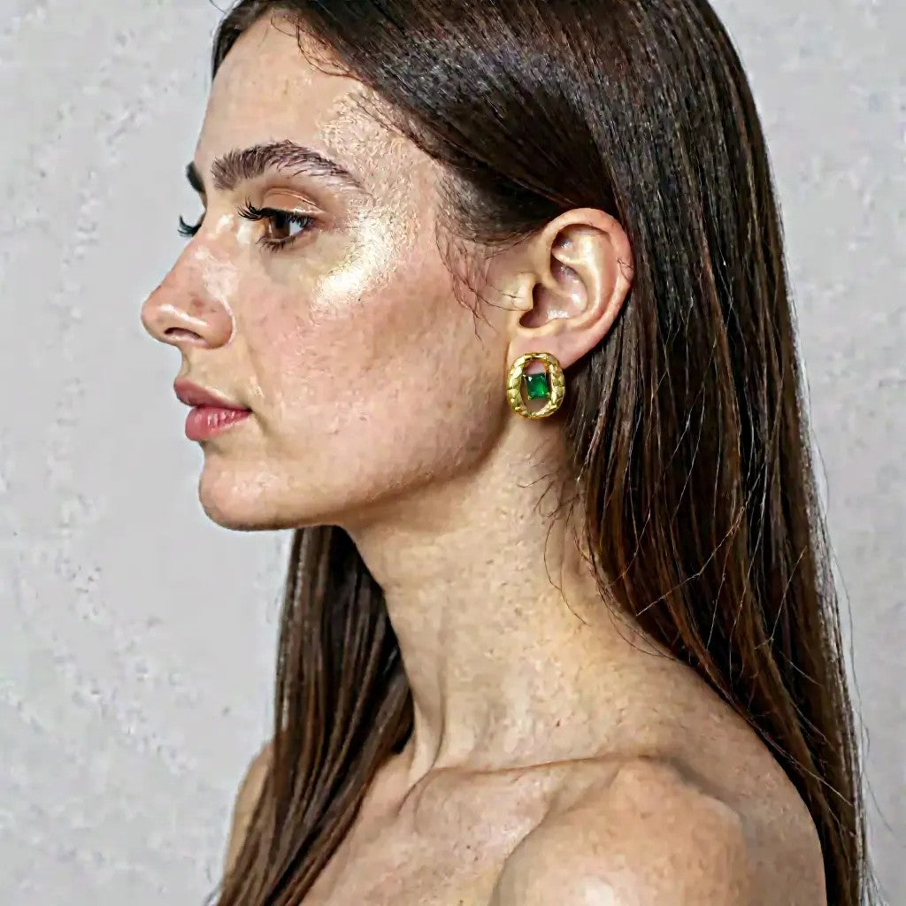 Anti-Tarnish Emerald Round Earrings