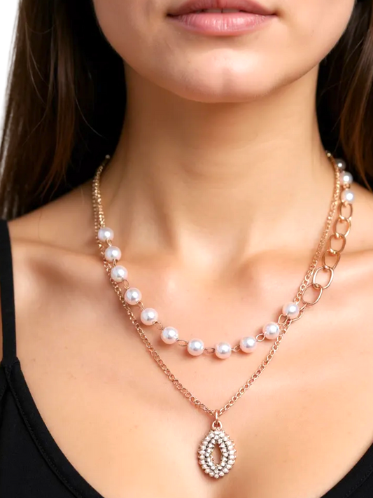 Pearl AD Gold Double Chain Necklace
