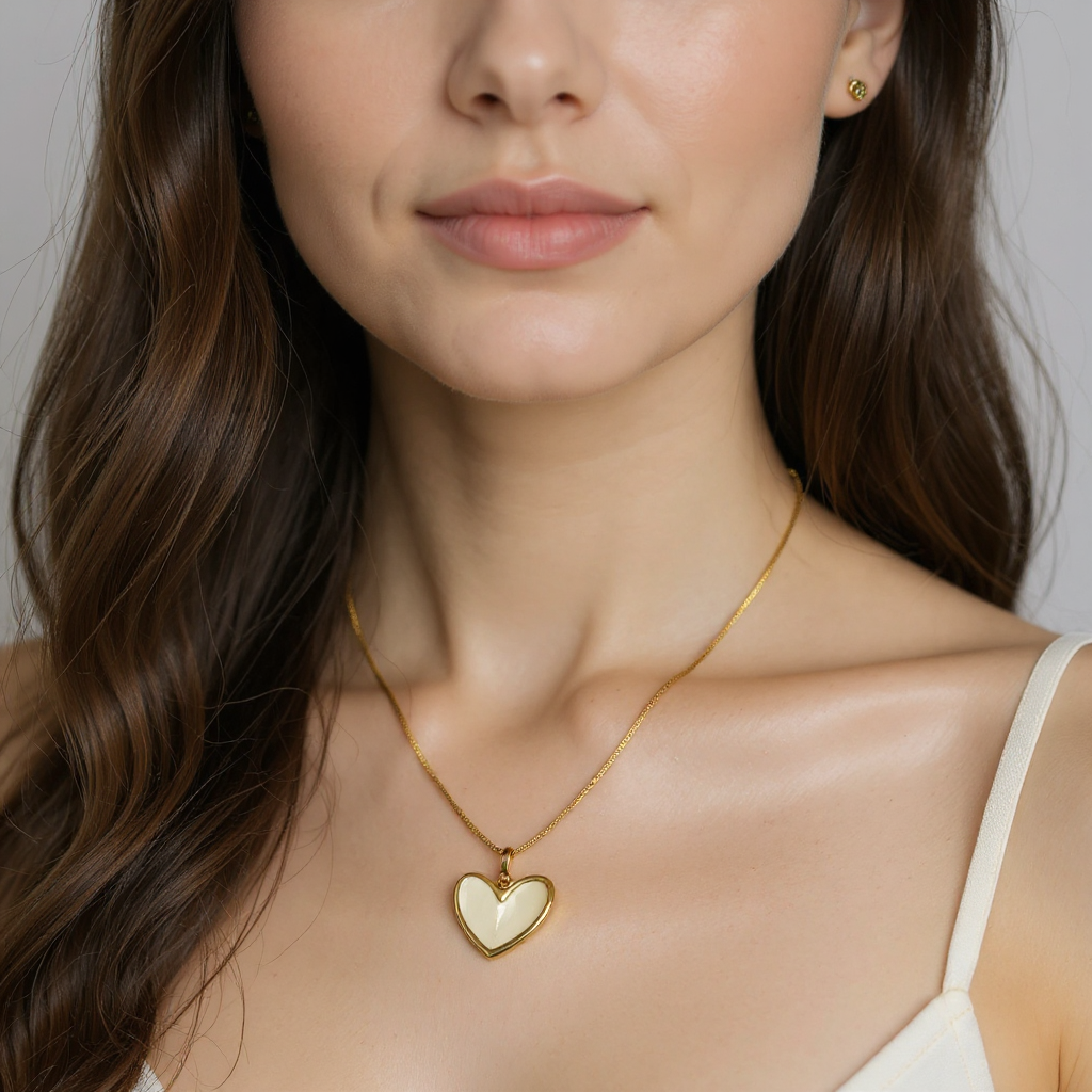 White Heart Pendant Golden Necklace