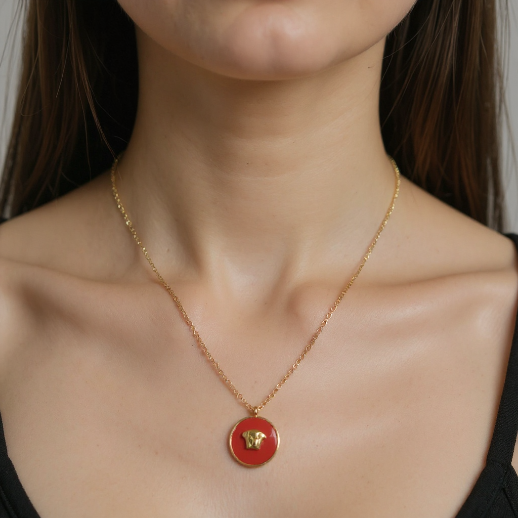 Round Red Pendant Golden Necklace