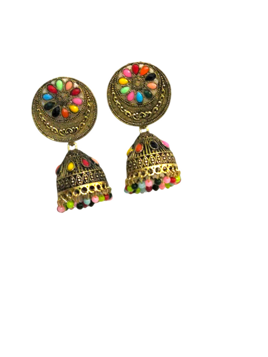 Multicolor Round Golden Oxidized Jhumka